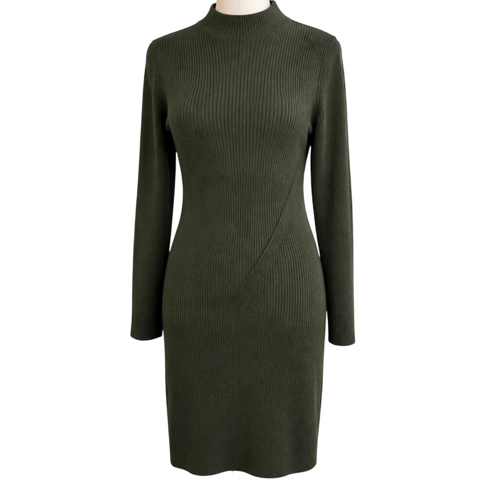 Abercrombie & Fitch Dark Green Ribbed Mock Neck Fitted Sweater Dress, Large